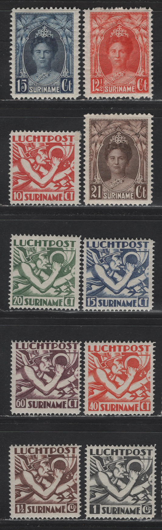 Lot 174 Suriname (C) SC#124-125, 127, C1-C7 12.5c - 1.5c Orange - Deep Brown Queen Wilhelmina - Allegory of Flight, 1927-1930 Queen Wilhelmina - Allegory of Flight Airmail Issues, 10 F/VFOG Singles