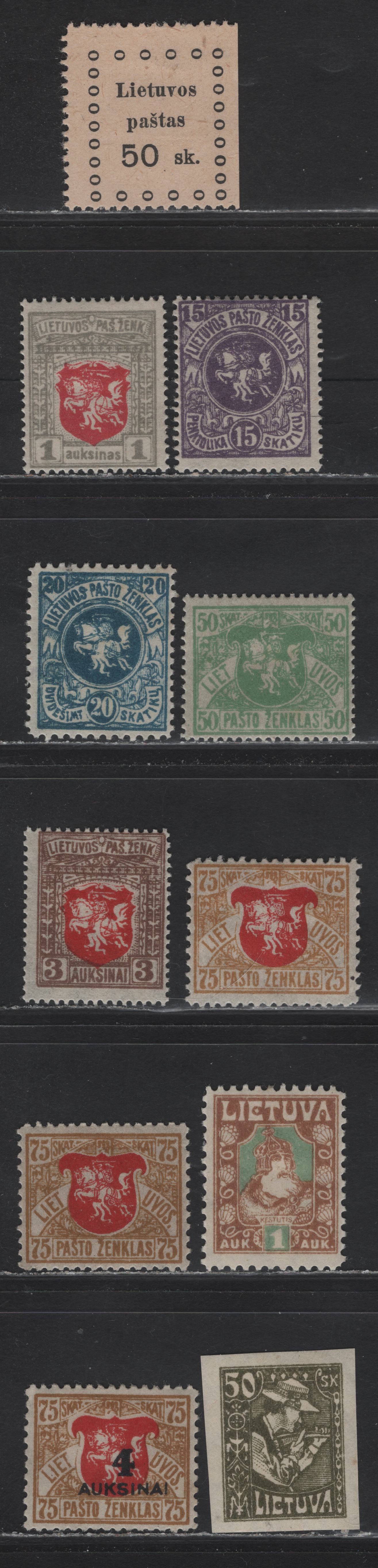 Lot 177 Lithuania SC#18, 41, 47, 52, 55, 57, 59, 105, 102a, 114 50sk - 4awk on 75sk Black - Bistre & Red Kaunas, 1919-1922 Second Kaunas - Surcharged Issues, 11 F/VFOG & Unused Singles