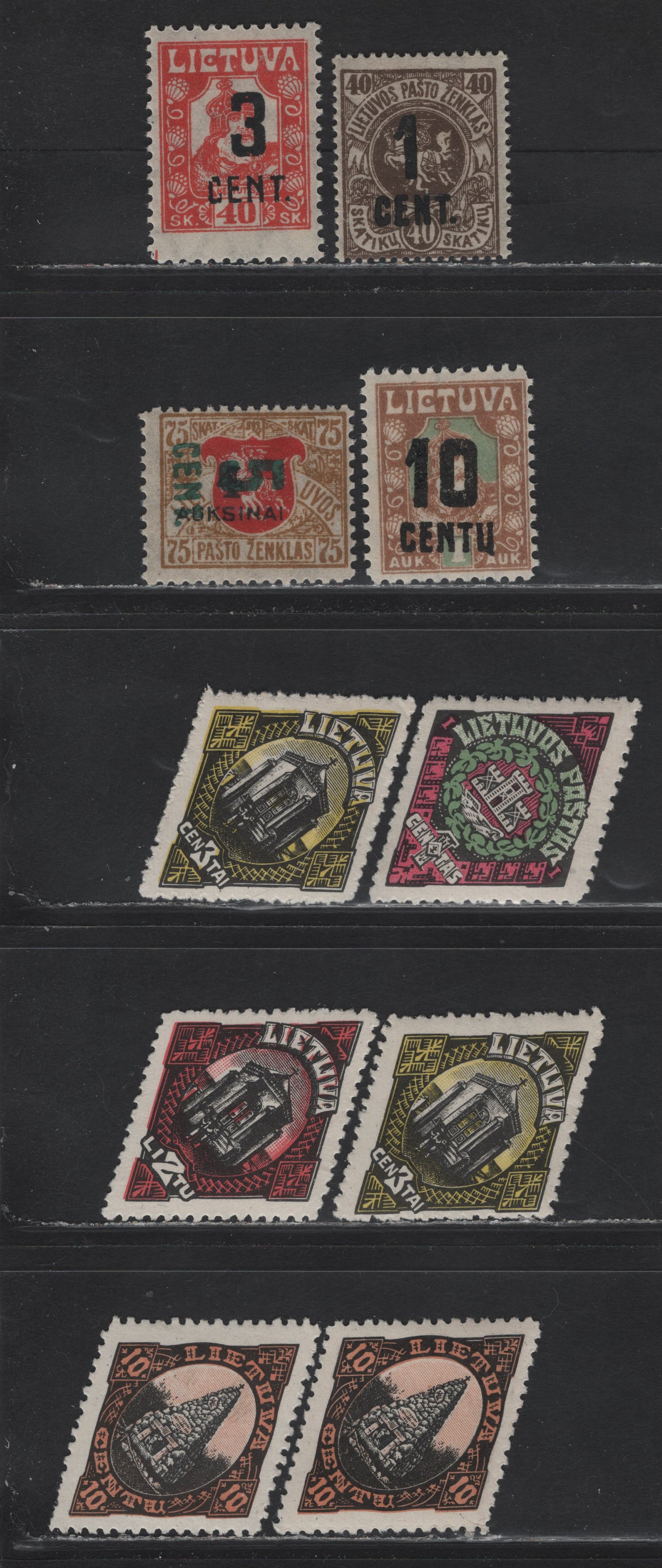 Lot 179 Lithuania SC#128, 145, 149, 151, 176, 178, 180, 186 1c on 40sk - 2l Rose & Black , 1922-1923 Surcharges - Commemoration of Union With Memel Issues, 10 F/VFOG Singles, Additional 3c & 10c Are Different, Perfs 11.5 vs 11