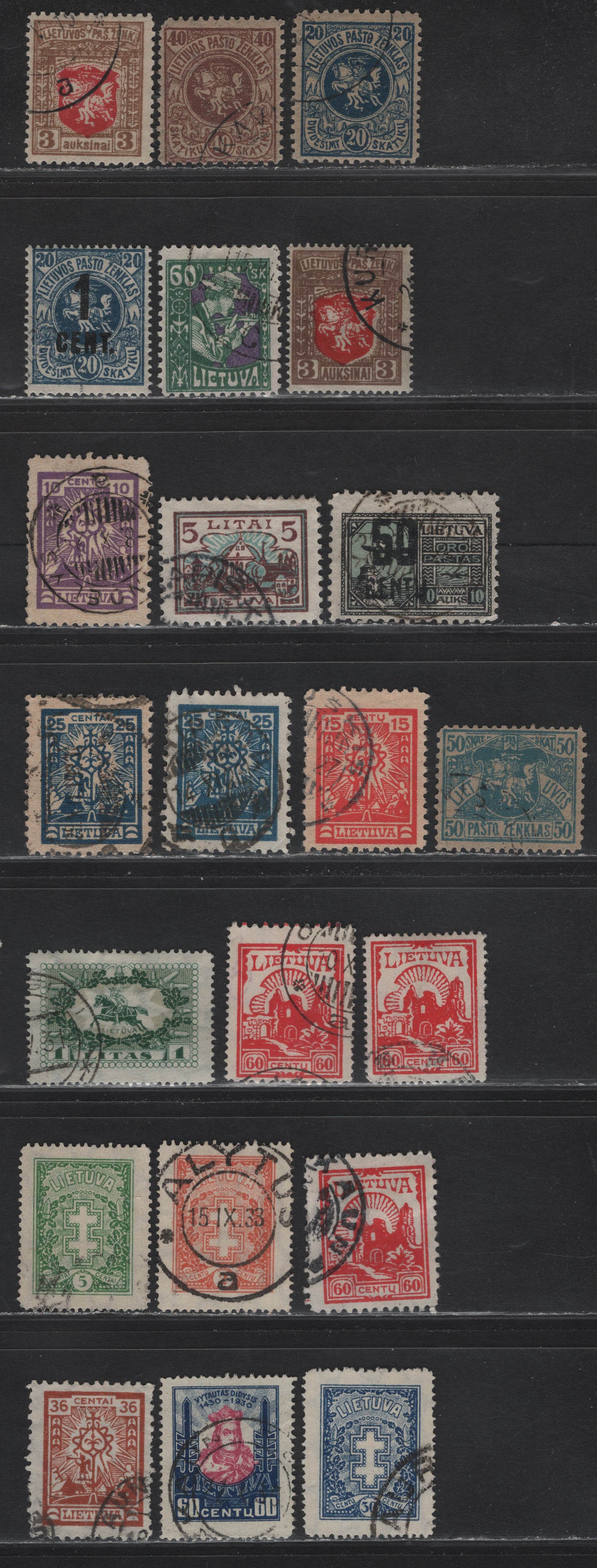 Lot 180 Lithuania SC#32, 34-35, 48, 59, 103, 125, 168, 173, 190-191, 193, 204, 209, 223, 233-234, 250, C30 20sk - 60c Dark Blue - Dark Blue & Rose , 1919-1930 White Knight Vytus - Grand Duke Vytautas Issues, 22 Fine/Very Fine Used Singles