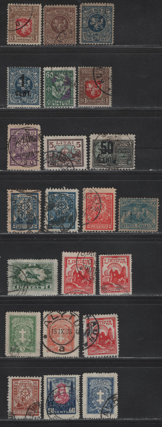 Lot 180 Lithuania SC#32, 34-35, 48, 59, 103, 125, 168, 173, 190-191, 193, 204, 209, 223, 233-234, 250, C30 20sk - 60c Dark Blue - Dark Blue & Rose , 1919-1930 White Knight Vytus - Grand Duke Vytautas Issues, 22 Fine/Very Fine Used Singles