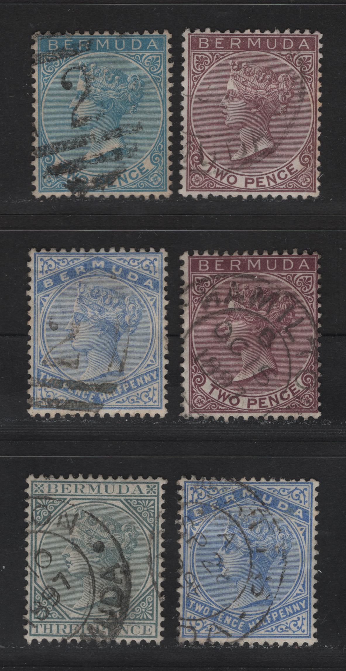 Lot 18 Bermuda SG#25,26,26a,27b,28 2d Blue, Aniline Purple, Brown Purple, Pale Ultramarine And 3d Grey, 1883-1904 Queen Victoria Keyplates Issue, Wmk Crown CA, 6 F&VF Used Singles Two With #2 Barred Numeral Cancel For St. George's
