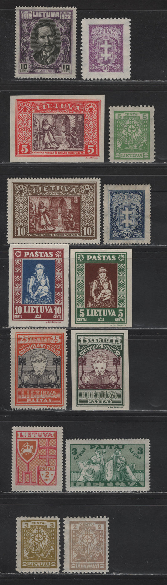 Lot 181 Lithuania SC#196-198, 213, 227, 239, 256, 264-265, 277ca,da,ea,f, 286, 293 2c- 3l Pale Brown - Green & Gray Green Church - Arms, Girl With Wheat & Knight, 1923-1935 Church - Arms, Girl With Wheat & Knight Issues, 15 F/VFOG/NH Singles
