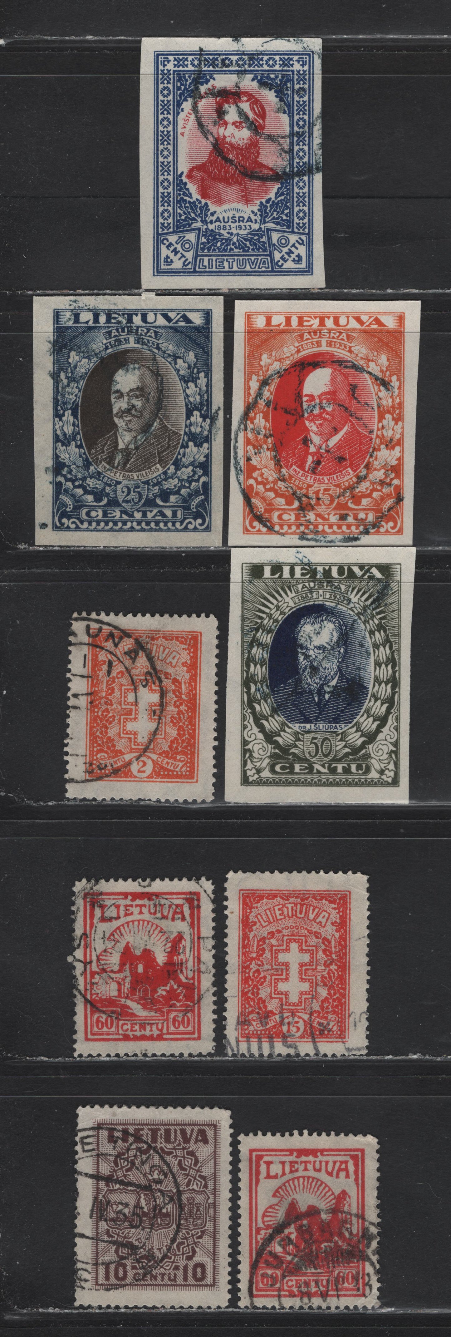 Lot 183 Lithuania SC#273a, 274a, 275a, 276a, 278, 280, 282, 288 10c Ultramarine & Carmine - Chocolate , 1933-1935 50th Anniv of First Newspaper - Airmail Issues, 9 Very Fine Used Singles