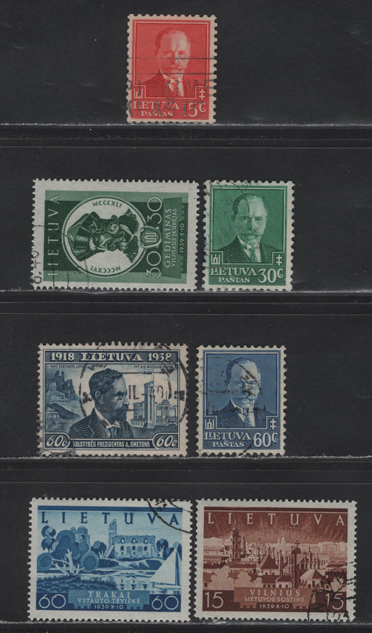 Lot 185 Lithuania SC#283-285, 309, 314-316 15c - 60c Red - Dark Blue & Light Blue , 1934-1940 60th Birthday of President Smetona - Return of Vilnius to Lithuania Issues, 7 Very Fine Used Singles, Return to Lithuanaia Issue Is CTO With Full Gum