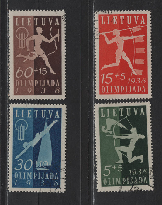Lithuania SC#B93-B96 5c+5c - 60c+15c Dark Green & Green - Tan & Brown , 1938 Nat'l Olympiad Semi Postal Issue, 4 Very Fine Used Singles, CTO Set With Full NH Gum