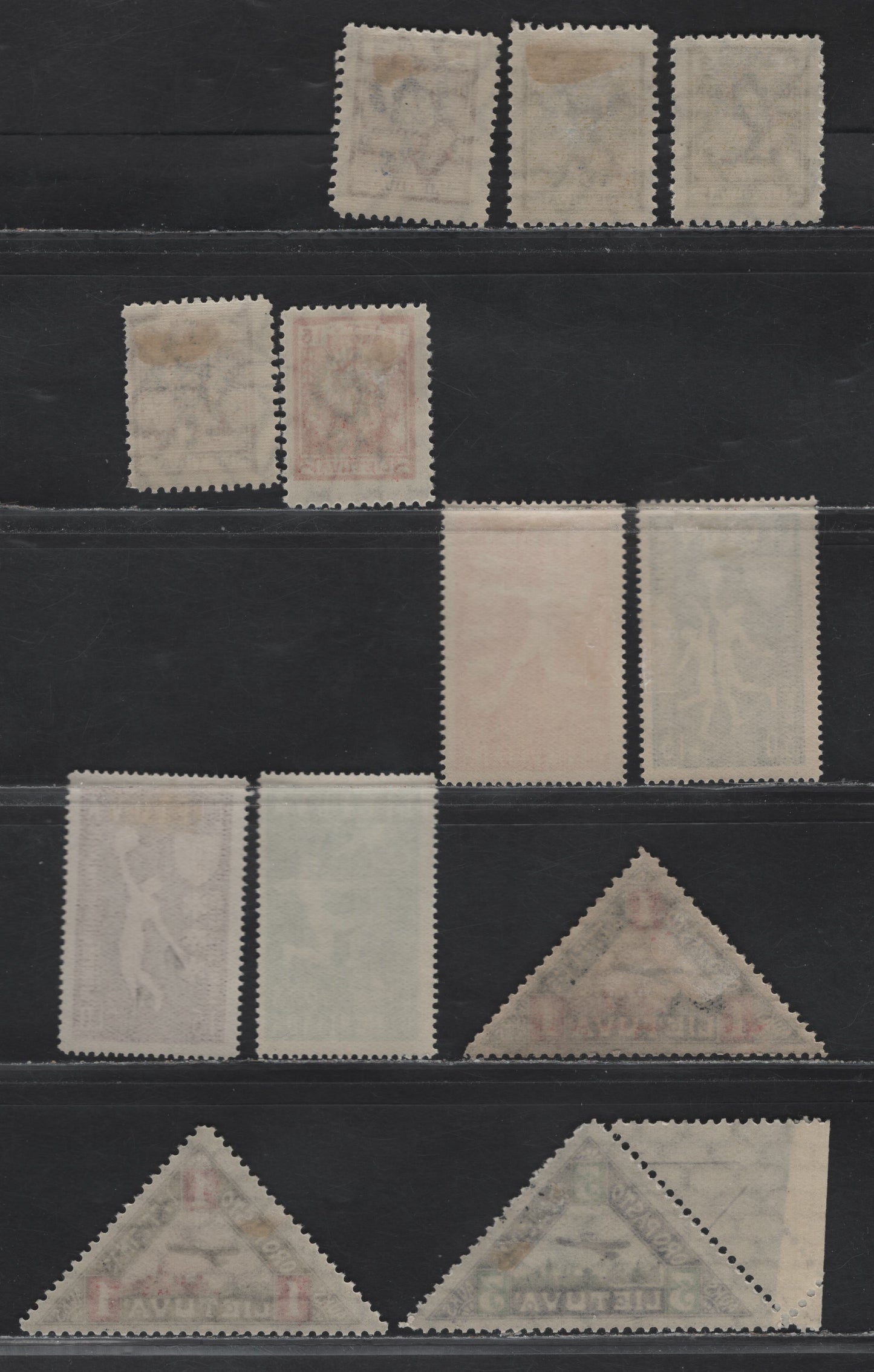 Lot 188 Lithuania SC#B16-B17, B23, B30-B31, B43-B44, B52-B53, C15-C16 1c+1c - 3awk Pale Brown - Violet & Green , 1922-1926 Overprinted Airmail - War Invalids Issues, 12 F/VFOG/NH Singles, B43 Is NH, Two Shades of 1awk
