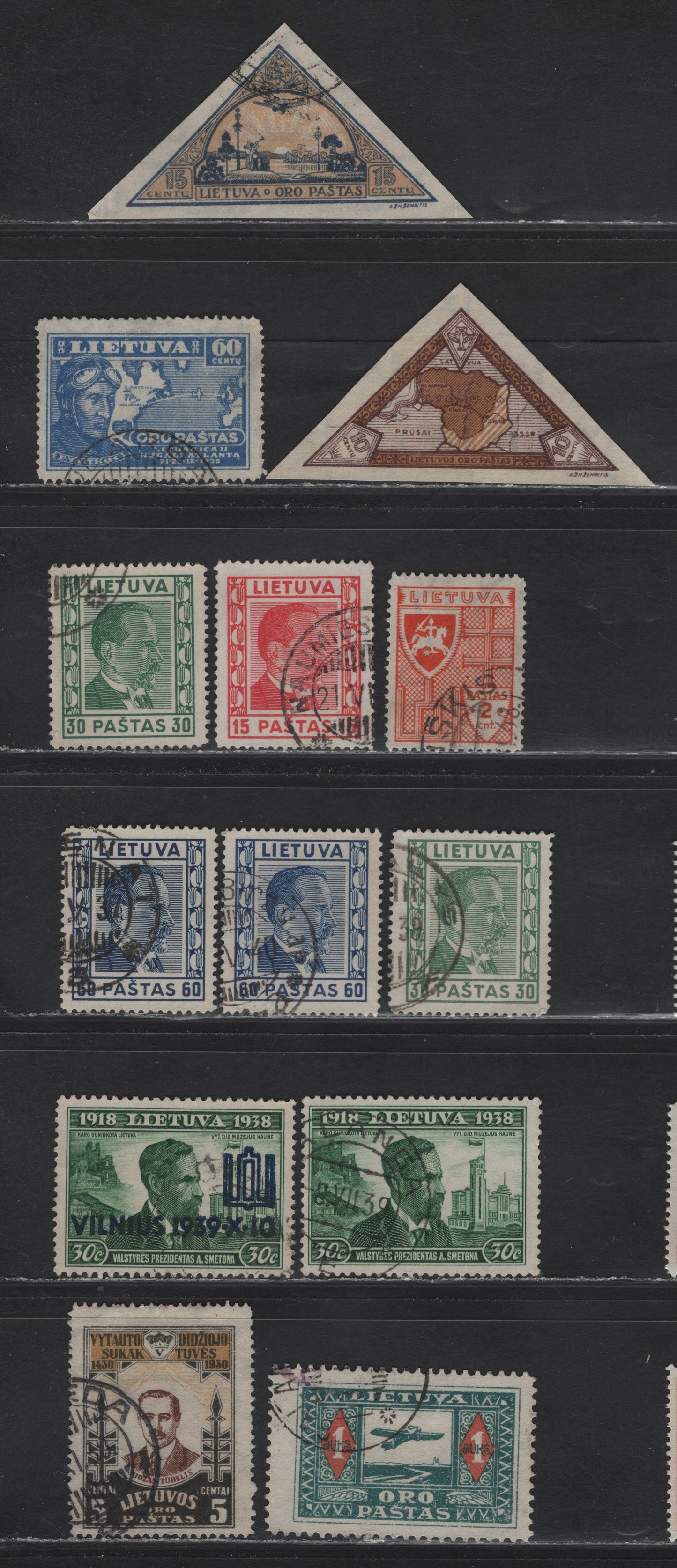 Lot 191 Lithuania SC#296, 298-300, 307, 311, C5, C40, C48a, C49a, C87 2c - 60c Orange - Blue , 1936-1937 Double Barred Cross - Transatlantic Flight Issues, 13 Fine/Very Fine Used Singles, Wmk Letters