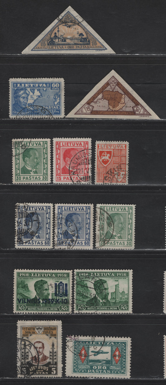 Lot 191 Lithuania SC#296, 298-300, 307, 311, C5, C40, C48a, C49a, C87 2c - 60c Orange - Blue , 1936-1937 Double Barred Cross - Transatlantic Flight Issues, 13 Fine/Very Fine Used Singles, Wmk Letters