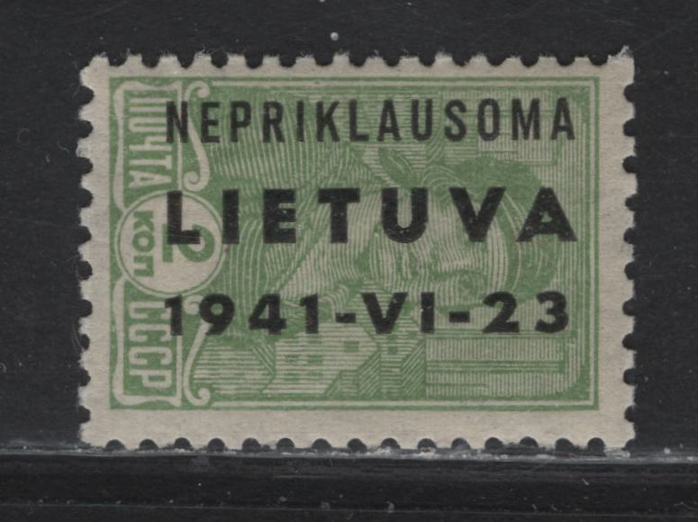 Lot 195 Lithuania - German Occupation Michel#1 2k Dull Yellowish Green Worker, 1941 Overprinted Russian Worker Issue, A FNH Single