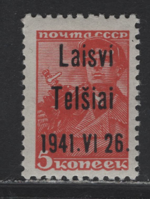 Lot 196 Lithuania - Telschen Michel#1IIIa 5k Dark Brown Red Worker, 1941 Overprinted Russian Worker Issue, A VFNH Single