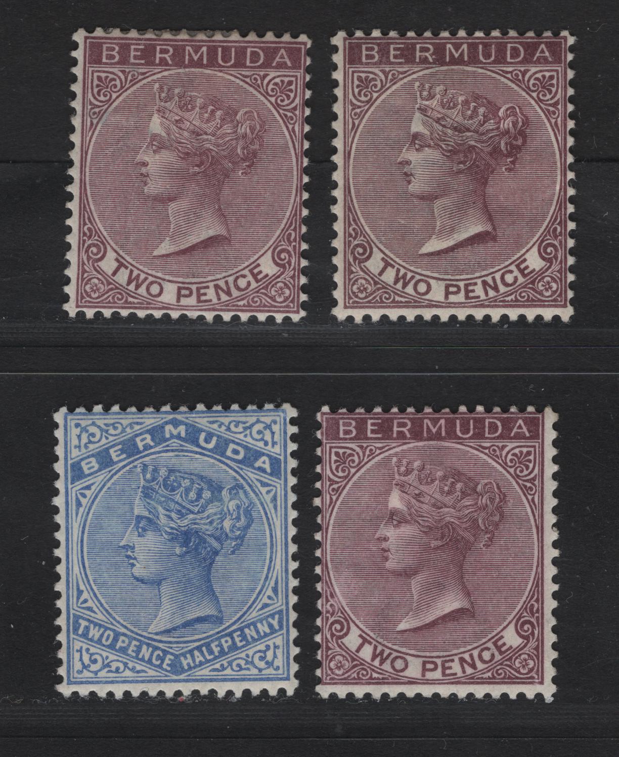 Lot 20 Bermuda SG#25 2d Aniline Purple ( 2 Shades), Brown Purple, 2 1/2d Deep Ultramarine, 1883-1904 Queen Victoria Keyplates Issue, Wmk Crown CA, 4 Fine Used Singles