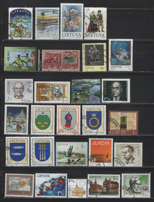Lot 207 Lithuania SC#465, 467, 510, 526-527, 559, 603, 626, 628, 649, 661, 680, 713, 728, 737-739, 754, 759, 766, 780, 788, 831, 833, 838, 856, 882 60c - 1.35l Multicolored , 1993-2008 National Costumes - Christmas Issues, 27 Very Fine Used Singles