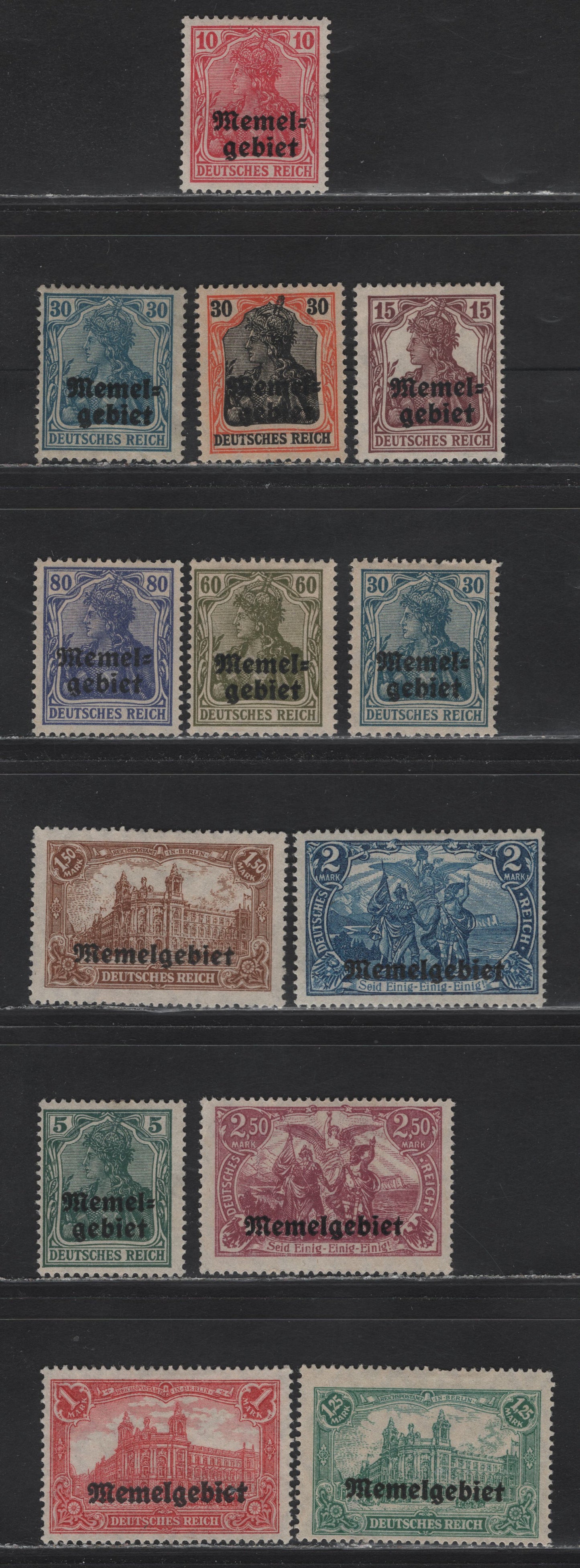 Lot 208 Memel SC#1/17 5pf - 2.5m Green - Red Lilac Germania, 1920 Overprinted Germania Issue, 13 Fine/Very Fine Unused Singles, No Gum, Counted As the Most Shades