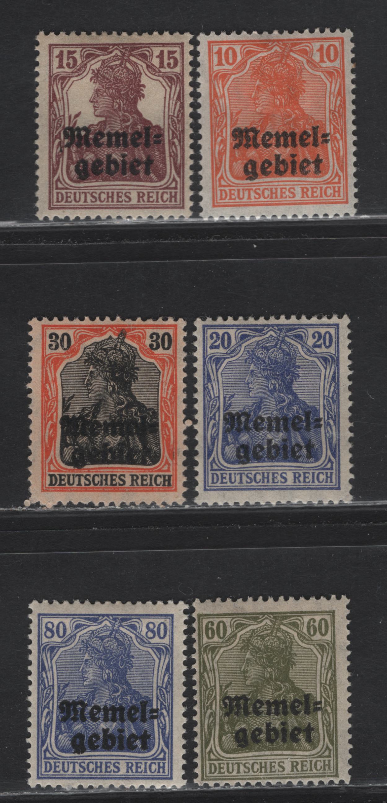 Lot 209 Memel SC#3-6, 10, 12 10pf - 80pf Orange - Blue Violet Germania, 1920 Overprinted Germania Issue, 6 F/VFOG Singles