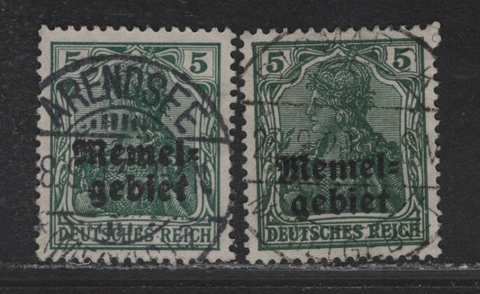 Lot 211 Memel Michel#1b (SC# 1) 5pf Blackish Green & Green Germania, 1920 Overprinted Germania Issue, 2 Fine/Very Fine Used Singles, SON September 29 1920 Bismark & September 8 1923 Arendsfe CDS Cancels