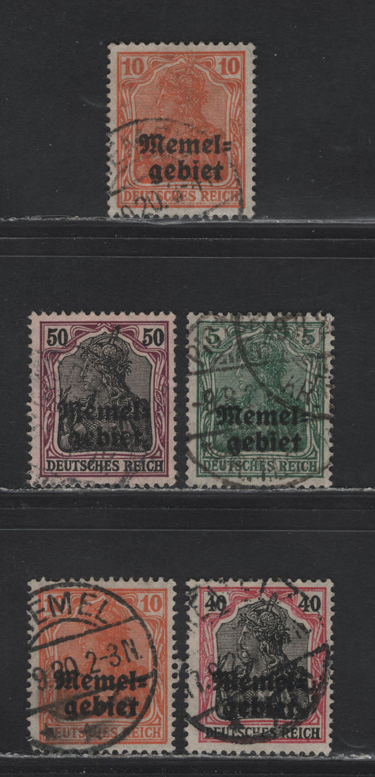 Lot 212 Memel SC#1, 3, 8-9 5pf - 50pf Green - Purple & Black on Buff Germania, 1920 Overprinted Germania Issue, 5 Fine/Very Fine Used Singles, Small Natural Pinhole in 'e' Of Overprint On 50pf, 10pf Orange Is Represented By 2 Shades