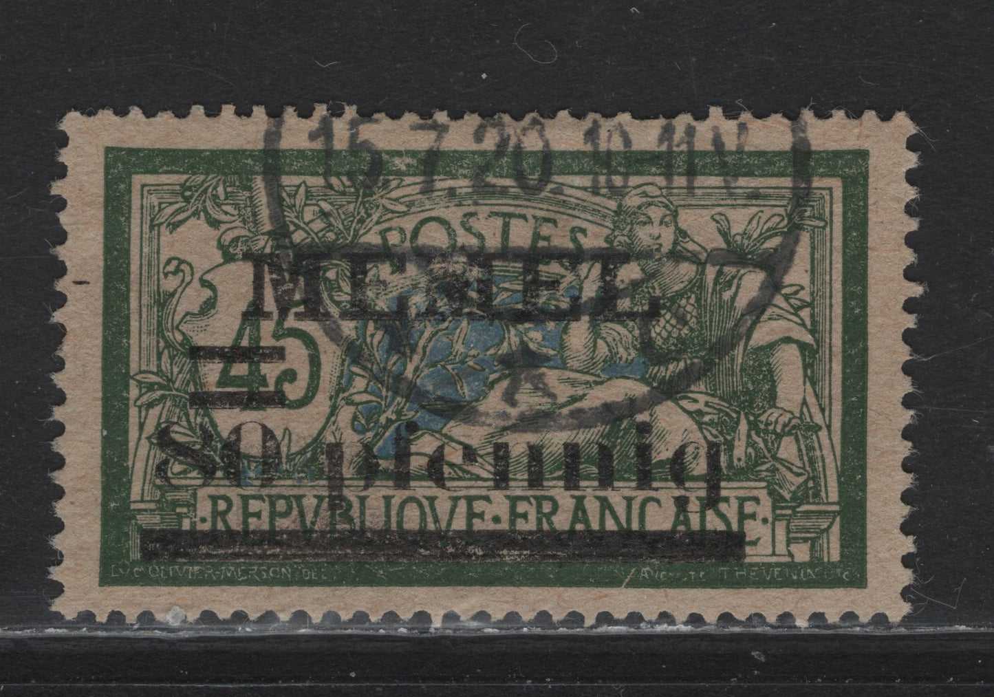 Lot 214 Memel Michel#25c (SC# 25var) 80pf on 45c Blackish Olive Green & Gray Ultramarine Merson, Peace & Commerce, 1920 Overprinted Merson Issue, A Very Fine Used Single, July 15 1920 CDS Cancel