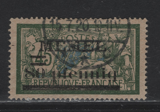 Lot 214 Memel Michel#25c (SC# 25var) 80pf on 45c Blackish Olive Green & Gray Ultramarine Merson, Peace & Commerce, 1920 Overprinted Merson Issue, A Very Fine Used Single, July 15 1920 CDS Cancel