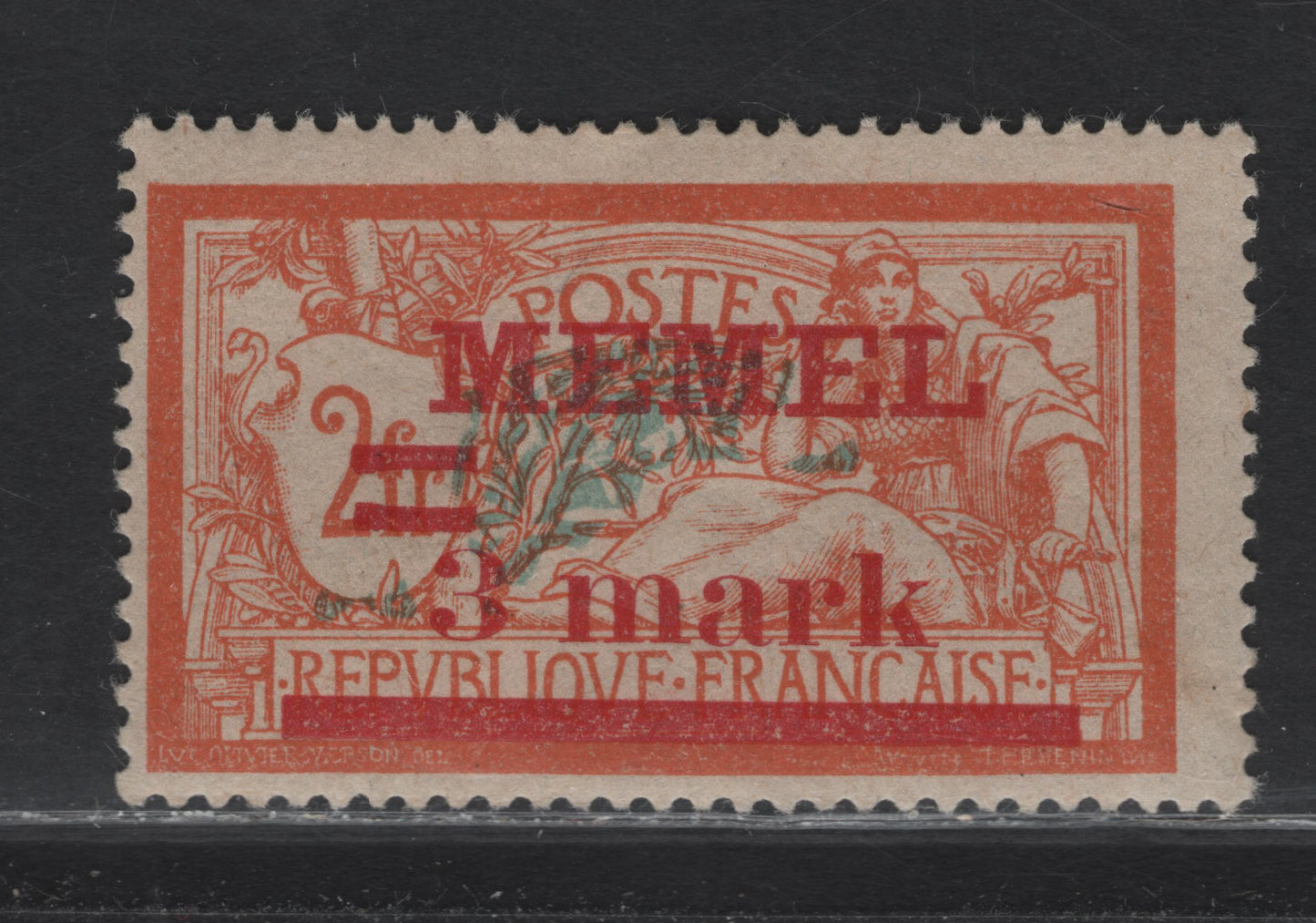 Lot 217 Memel Michel#29x (SC# 30var) 3m on 2fr Orange & Pale Blue Merson, 1920-921 Overprinted Merson Issue, A Fine Used Single, Grayish Paper