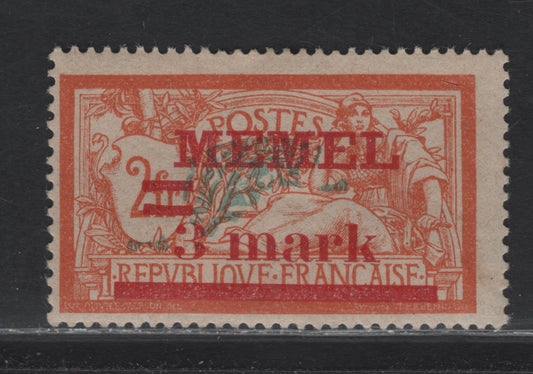 Lot 217 Memel Michel#29x (SC# 30var) 3m on 2fr Orange & Pale Blue Merson, 1920-921 Overprinted Merson Issue, A Fine Used Single, Grayish Paper