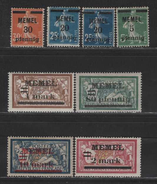Lot 219 Memel Michel#18b, 20a,b, 21, 25b, 26y, 25y, 32 (SC# 18, 20-21, 25-26, 28, 32) 5pf on 5c - 10m on 5pf Green - Blue & Buff, 1920 Overprinted Merson Issue, 8 F/VFOG & Unused Singles, White Paper, Both Prussian Blue & Dark Blue Shades Of The 25c