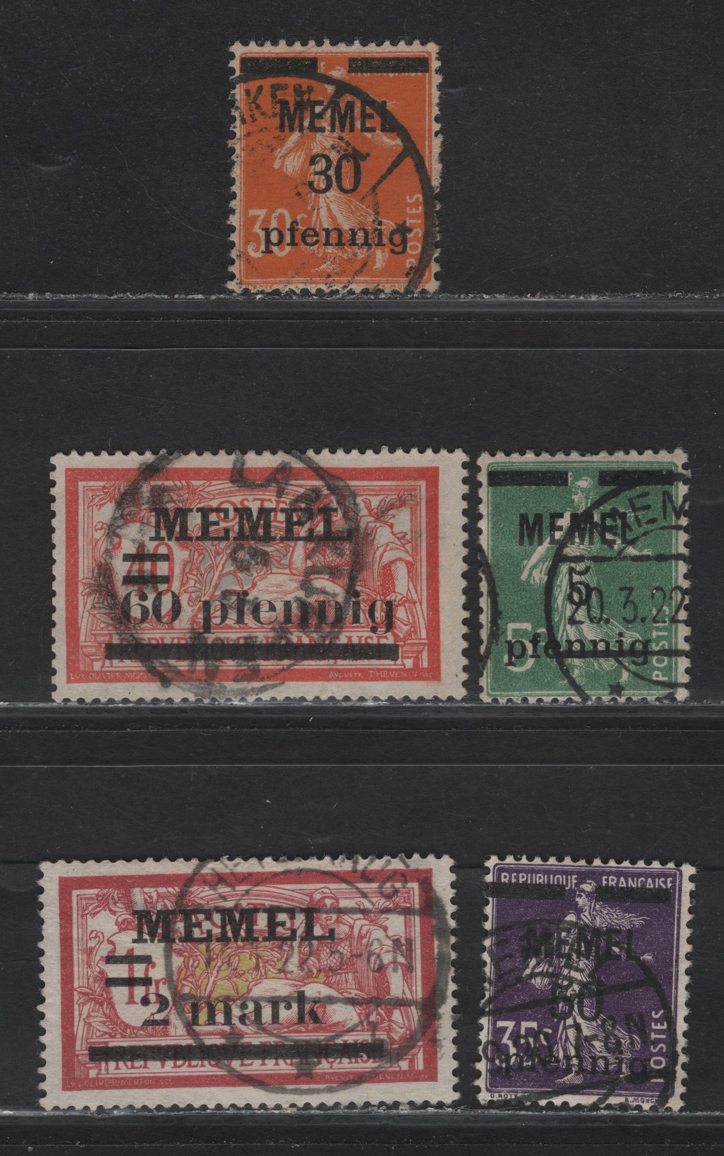 Lot 220 Memel SC#18, 21, 23-24, 28 5pf on 5c - 2m on 1fr Green - Claret & Olive Green Merson, Peace & Commerce, 1920 Overprinted Merson Issue, 5 Fine/Very Fine Used Singles, White Paper