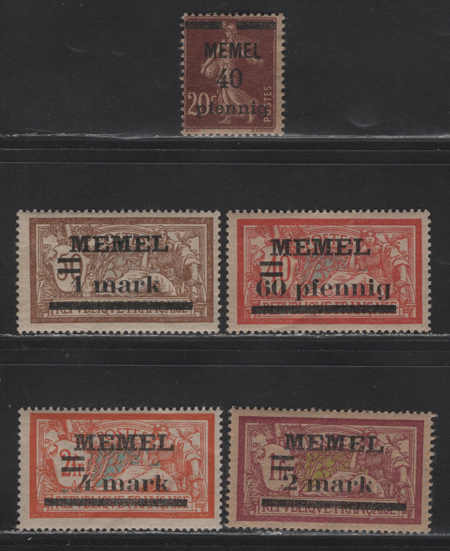 Lot 221 Memel Michel#22b, 24x, 26xa, 28x, 31IIx (SC# 22, 24, 26, 28, 31) 40pf on 20c - 4m on 2fr Lilac Brown - Orange & Pale Blue , 1920 Overprinted Merson Issue, 5 F/VFOG Singles, Grayish Paper