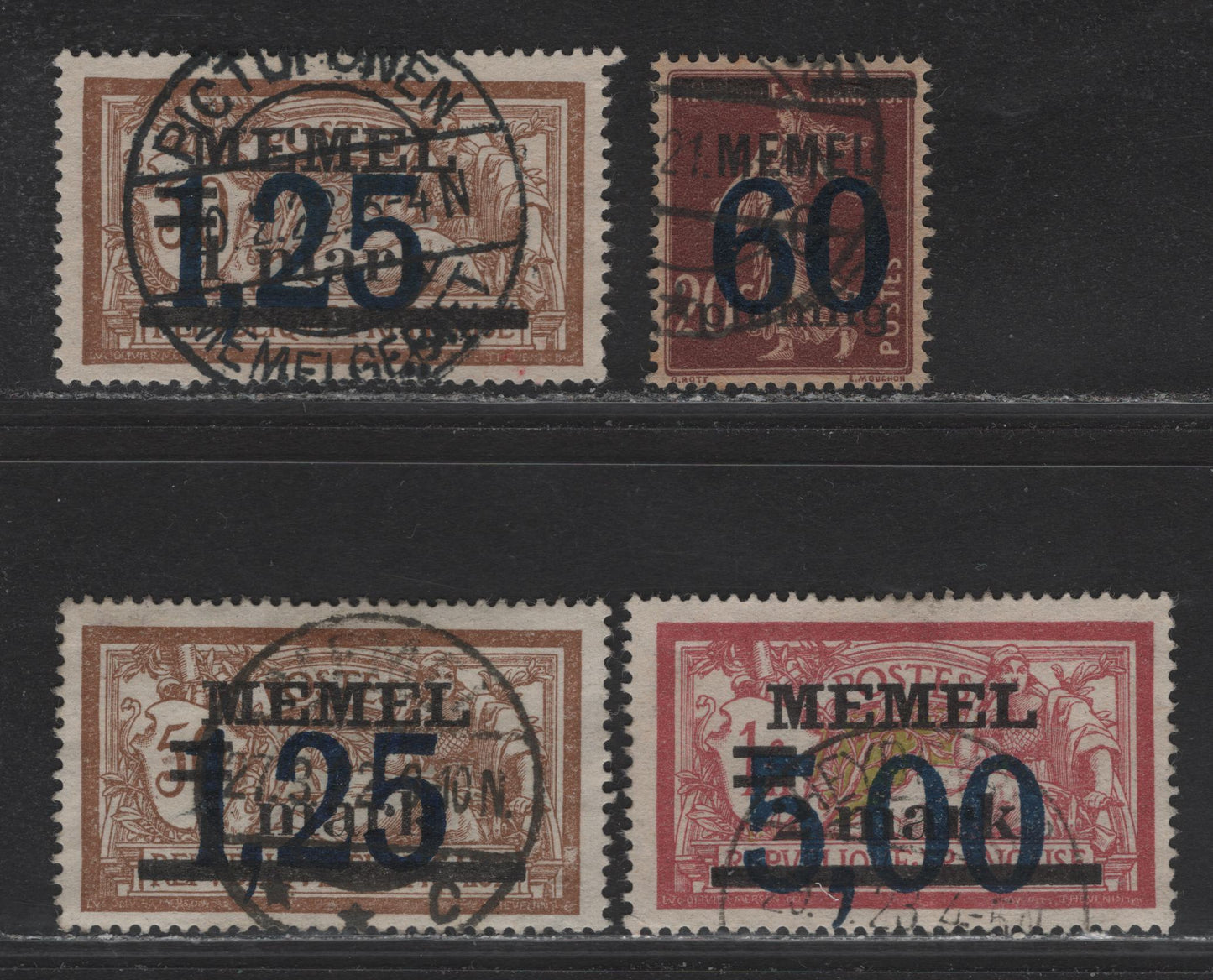 Lot 225 Memel SC#46, 48-49 60pf on 40pf on 20c - 500m on 2m on 1f Lilac Brown - Claret & Olive Green , 1921-1922 Large Surcharged French Sower Issue, 3 Very Fine Used Singles, Some SON Cancels