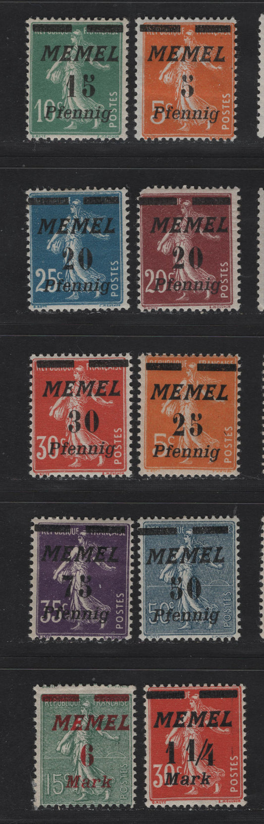Lot 226 Memel SC#50, 53-57, 59, 61, 63, 65 5pf on 5c - 6m on 15c Orange - Green , 1922 Italic Overprinted France Sower Issue, 10 F/VFOG Singles