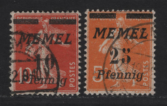 Lot 227 Memel SC#51, 56 10pf on 10c - 25pf on 5c Red - Orange , 1922 Italic Overprinted France Sower Issue, 2 Fine/Very Fine Used Singles
