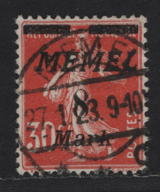 Lot 228 Memel SC#66 8m on 30c Red , 1922 Italic Overprinted France Sower Issue, A Very Fine Used Single, SON January 27 1923 Memel CDS