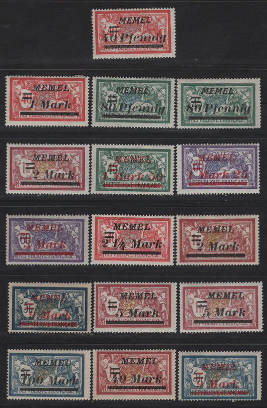 Lot 229 Memel SC#67/92 40pf on 40c - 100m on 5fr Red & Pale Blue - Dark Blue & Buff , 1922 Italic Overprinted France Merson Issue, 16 F/VFOG Singles, Includes Shade Variations, Spacing Variatons Between Numerals & Mark and Between Mark & Surcharge Bar