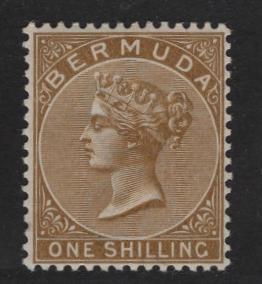 Lot 23 Bermuda SG#29 1/- Yellow Brown, 1883-1904 Queen Victoria Keyplates Issue, Wmk Crown CA, A FOG Single