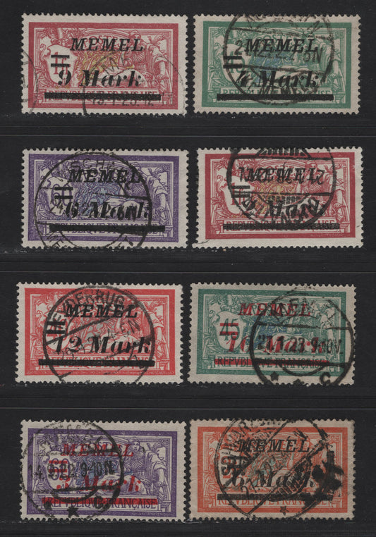 Lot 231 Memel SC#73, 76-77, 79-81, 83-84 2m on 1fr - 12m on 40c Claret & Olive Green - Red & Pale Blue , 1922 Italic Overprinted France Merson Issue, 8 Fine/Very Fine Used Singles, SON Memel & Other Town Cancels