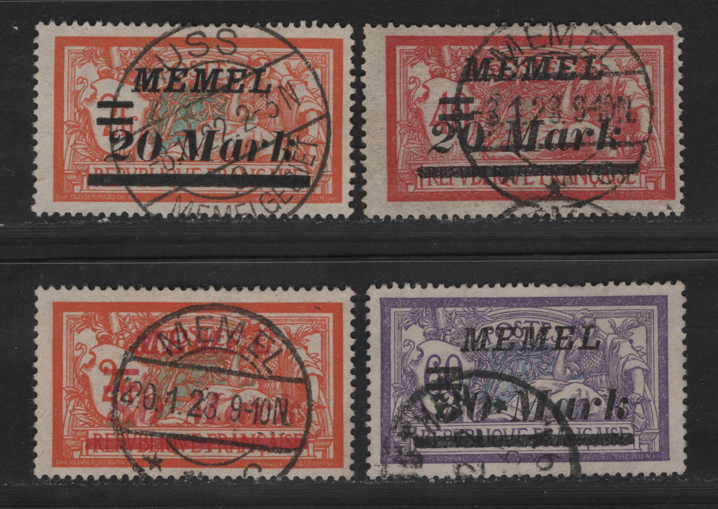 Lot 232 Memel SC#85-87, 91 20m on 40c - 80m on 2fr Red & Pale Blue - Orange & Pale Blue , 1922 Italic Overprinted France Merson Issue, 4 Fine/Very Fine Used Singles, SON Memel, Russ & Other Town Cancels