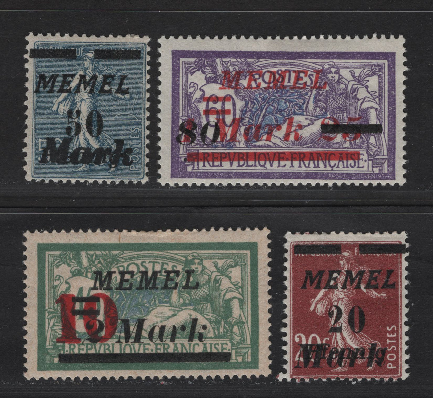 Lot 233 Memel SC#94. 96-97. 99 20m on 20pf on 20c - 80m on 1.25m on 60c Lilac Brown - Violet & Ultramarine , 1922 Italic Overprinted France Sower & Merson Issue, 4 FOG Singles