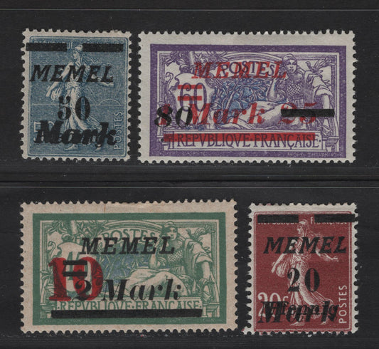 Lot 233 Memel SC#94. 96-97. 99 20m on 20pf on 20c - 80m on 1.25m on 60c Lilac Brown - Violet & Ultramarine , 1922 Italic Overprinted France Sower & Merson Issue, 4 FOG Singles