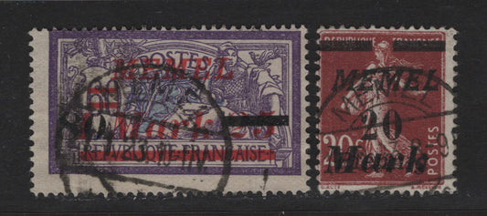 Lot 234 Memel SC#94. 99 20m on 20pf on 20c - 80m on 1.25m on 60c Lilac Brown - Violet & Ultramarine , 1922 Italic Overprinted France Sower & Merson Issue, 2 Fine Used Singles, Dated Memel Cancels