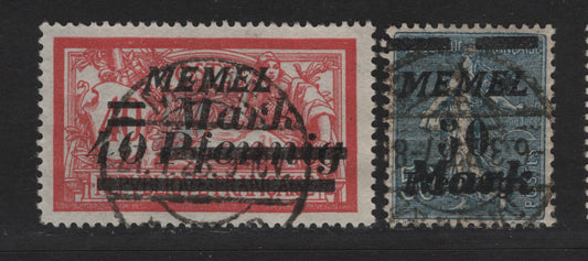 Lot 235 Memel SC#95-96 40m on 40pf on 40c - 50m on 50pf on 50c Red & Pale Blue - Dull Blue , 1922 Italic Overprinted France Sower & Merson Issue, 2 Very Fine Used Singles, SON Memel Cancels