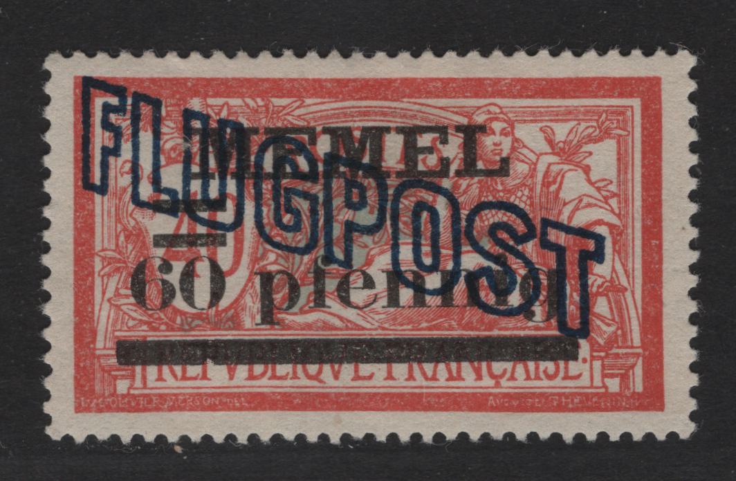 Lot 236 Memel Michel#40IY (SC# C1) 60pf on 40c Grayish Red - Pale Blue , 1921 Airmail Overprinted Issue, A Very Fine Unused Single, Plate 1, White Paper