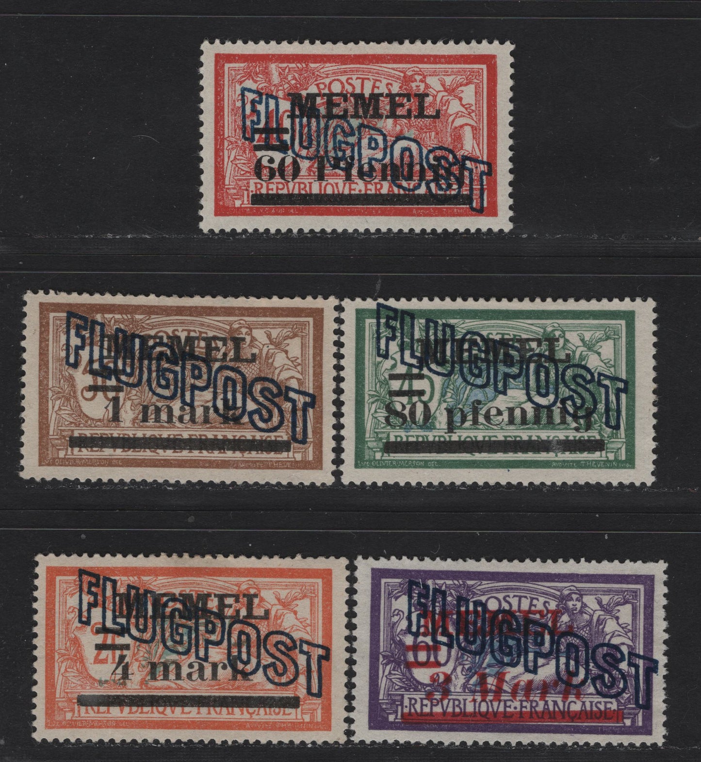 Lot 237 Memel SC#C2-C3, C5-C7 80pf on 45c - 3m on 60c Blackish Olive Green & Gray Ultramarine - Dark Gray Violet & Cobalt , 1921 Airmail Overprinted Issue, 5 Very Fine Unused Singles, White Paper, All Without Gum