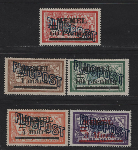 Lot 237 Memel SC#C2-C3, C5-C7 80pf on 45c - 3m on 60c Blackish Olive Green & Gray Ultramarine - Dark Gray Violet & Cobalt , 1921 Airmail Overprinted Issue, 5 Very Fine Unused Singles, White Paper, All Without Gum