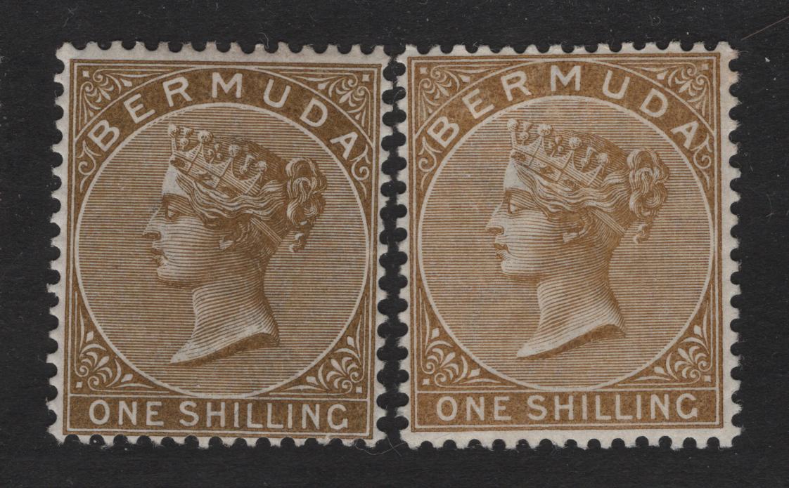 Lot 24 Bermuda SG#29 1/ Yellow Brown & Olive Brown, 1883-1904 Queen Victoria Keyplates Issue, Wmk Crown CA, 2 VF & F OG Singles