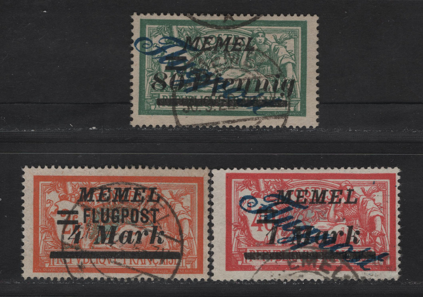 Lot 241 Memel SC#C9-C10, C26 50pf on 45c - 4m on 2fr Green & Pale Blue , 1922 Airmail Overprinted Issue, 3 Fine Used Singles