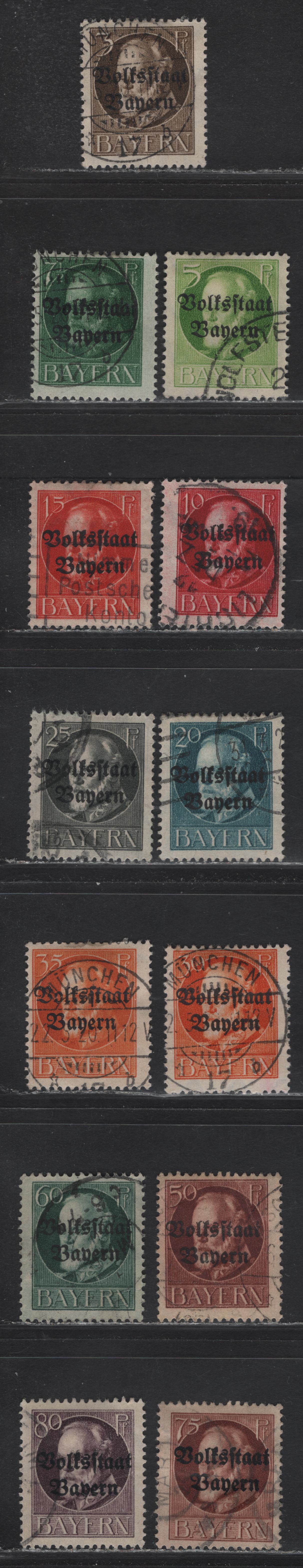 Lot 243 Bavaria SC#136-144, 146-149 3pf - 80pf Brown - Violet Plebiscite, 1919 Plebiscite Overprinted Issue, 13 Fine/Very Fine Used Singles