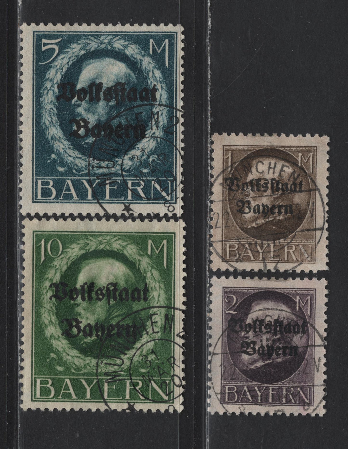 Lot 244 Bavaria SC#150-151, 153-154 1, - 10, Brown - Yellow Green Plebiscite, 1919 Plebiscite Overprinted Issue, 4 Fine/Very Fine Used Singles, Possible CTO Cancels