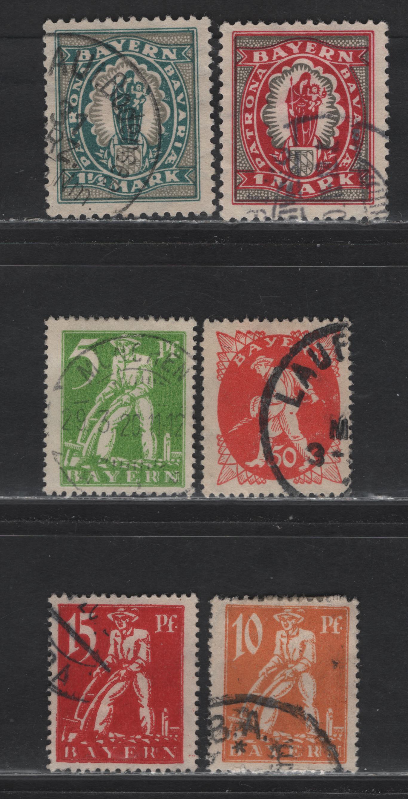 Lot 245 Bavaria SC#238-240, 247, 249 5pf - 1.5m Yellow Green - Dark Green & Gray Plowma, Electricity, Harnessing & Sower, 1920 Plowma, Electricity, Harnessing & Sower Definitives, 5 Fine/Very Fine Used Singles, Cancels Appear To be Genuine