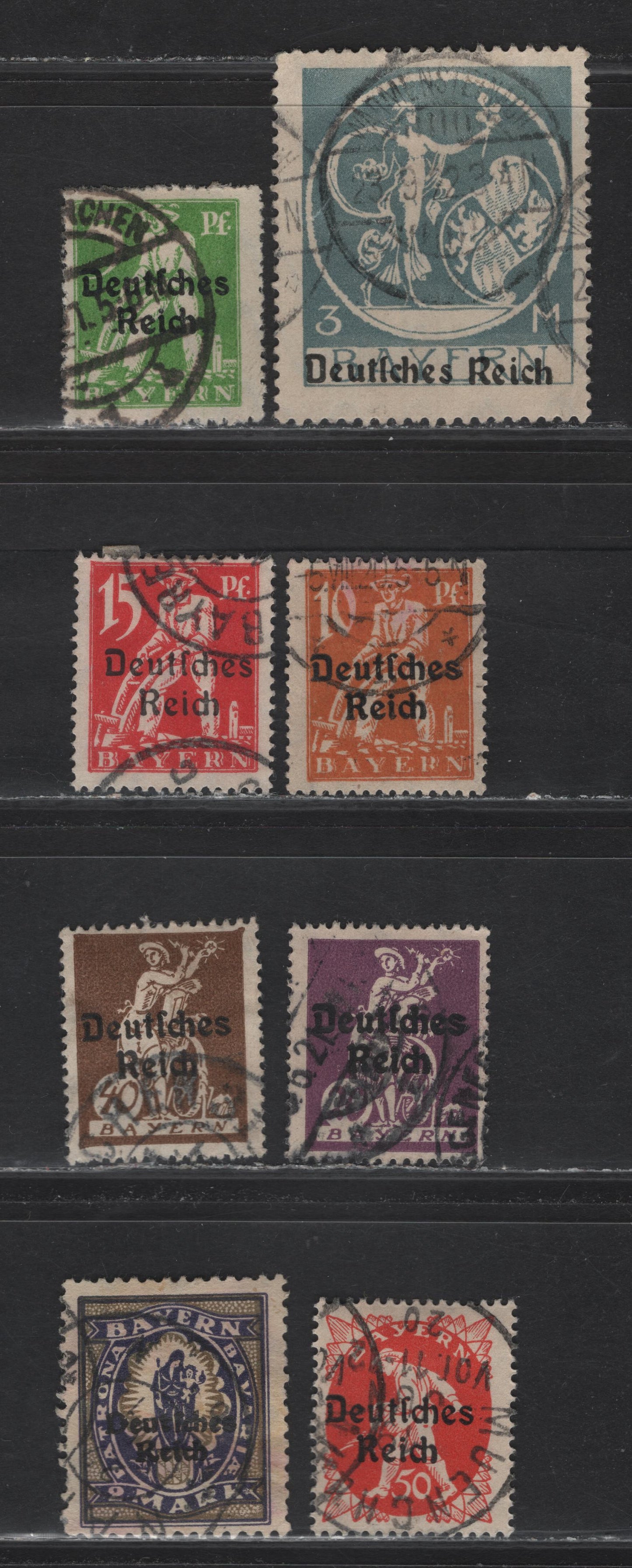 Lot 246 Bavaria SC#256-259, 261-262, 269, 271 5pf - 3m Yellow Green - Pale Blue Deutches Reich, 1920 Deutches Reich Overprinted Issue, 8 Fine/Very Fine Used Singles