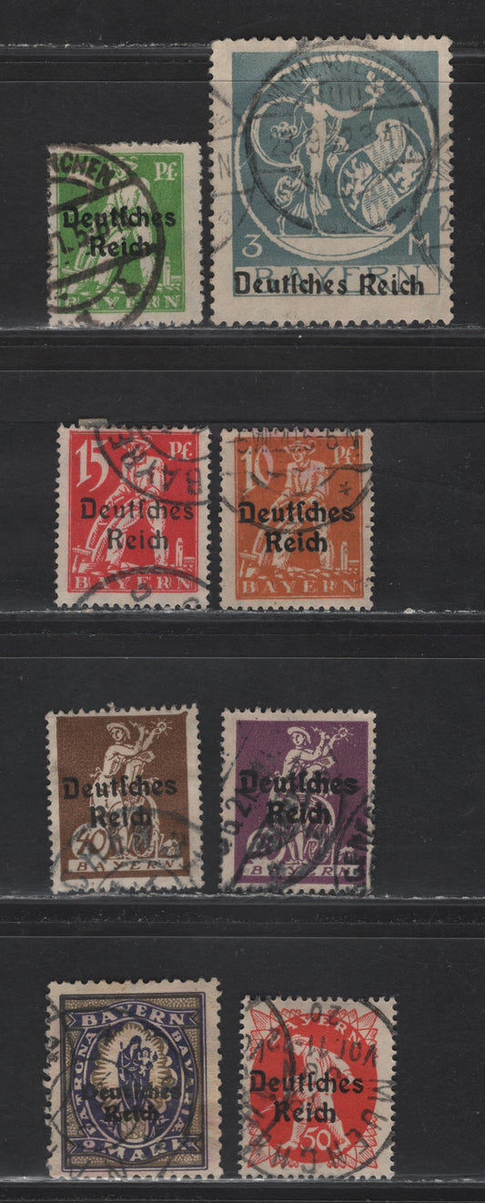 Lot 246 Bavaria SC#256-259, 261-262, 269, 271 5pf - 3m Yellow Green - Pale Blue Deutches Reich, 1920 Deutches Reich Overprinted Issue, 8 Fine/Very Fine Used Singles